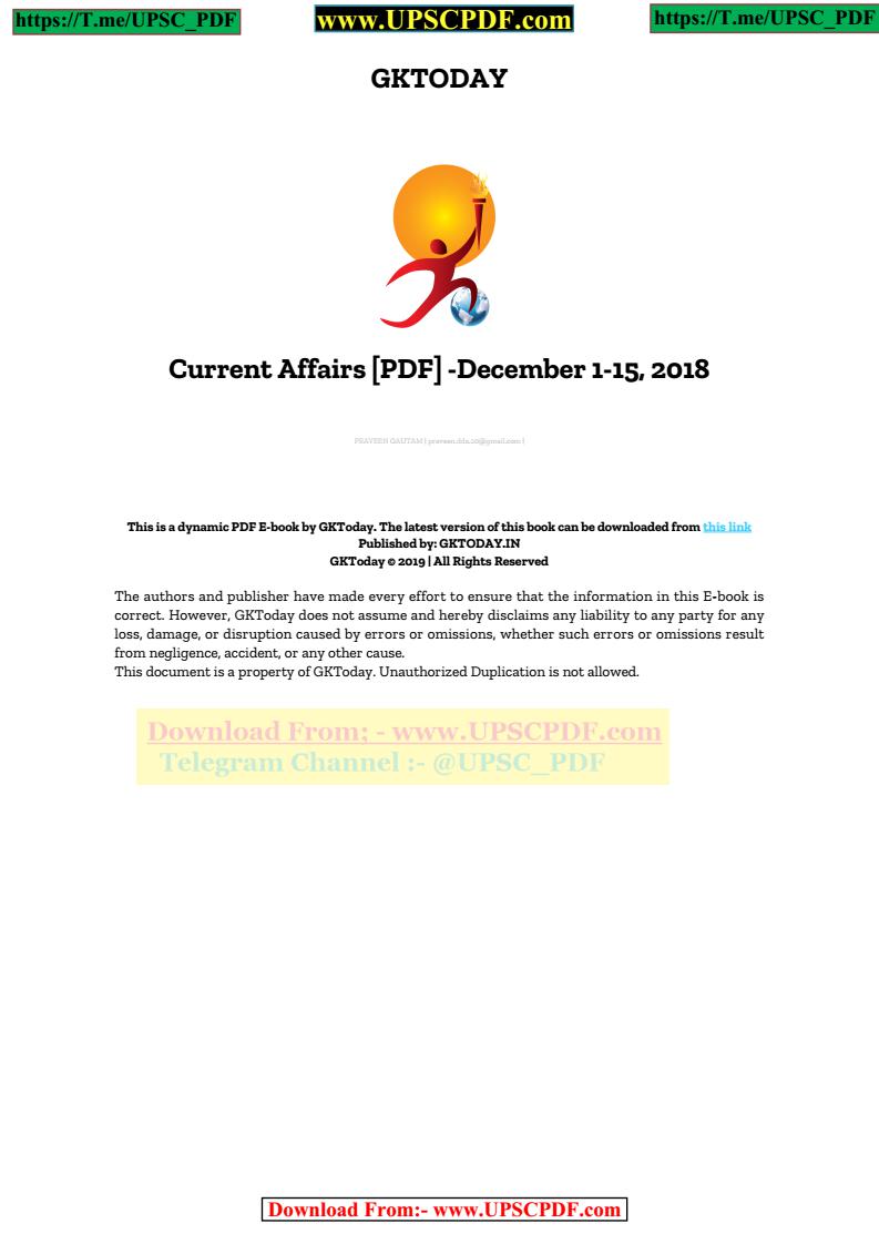GkToday December 2018 Current Affairs